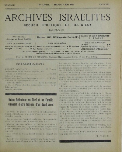 Archives israélites de France. Vol.98 N°110-111 (07 mai 1935)